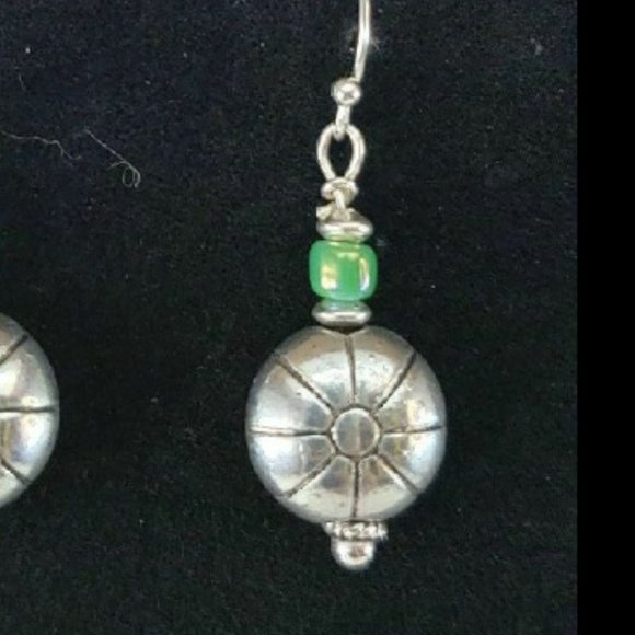Silver Native Earrings with Green Beads - Picture 2 of 4